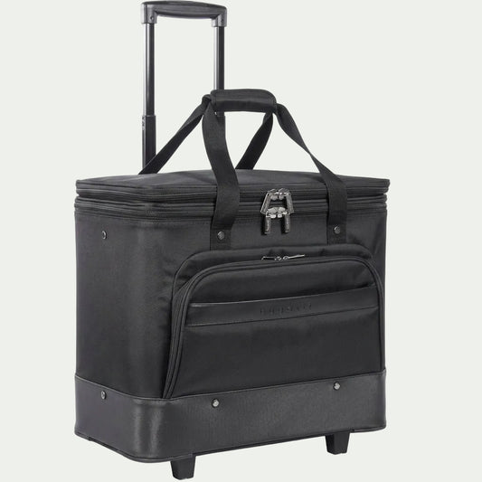 A high-resolution hero shot for Shopify, featuring the black Bugatti rolling cooler bag with handles extended against a pure white background.