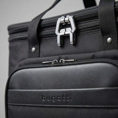 A detailed macro shot showcasing the metallic latch and crisp Bugatti debossing on the rolling case.