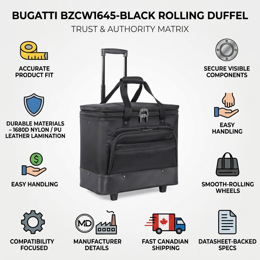 An infographic titled "BUGATTI BZCW1645-BLACK ROLLING DUFFEL TRUST & AUTHORITY MATRIX" featuring the black rolling duffel bag with various icons representing features like handling, wheels, shipping, and technical specifications.