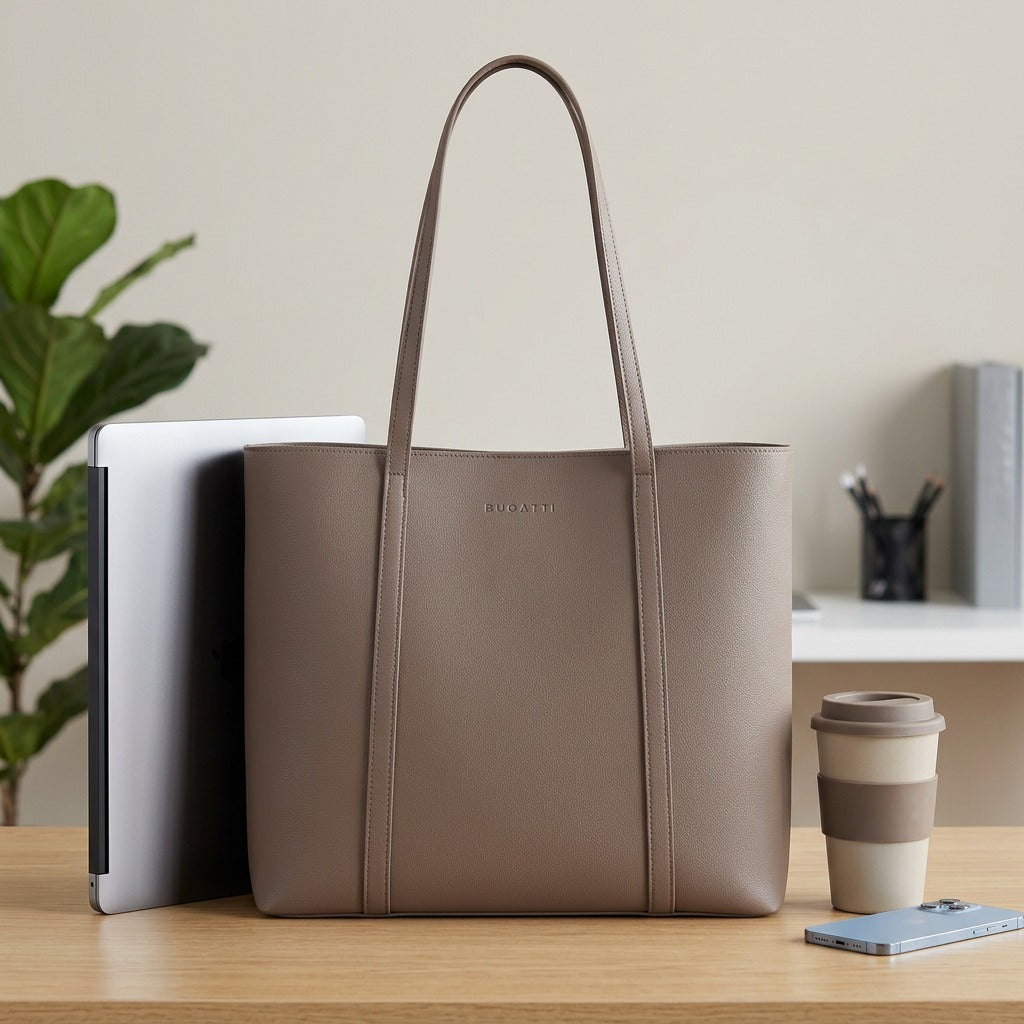 Scale reference image featuring the Bugatti Pure Business Tote next to a 13" laptop, coffee cup, and phone.