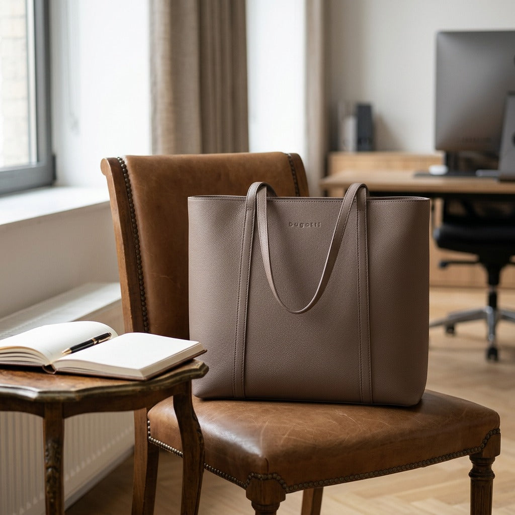 Bugatti Pure Business taupe leather tote bag resting on a leather armchair in a contemporary office context.