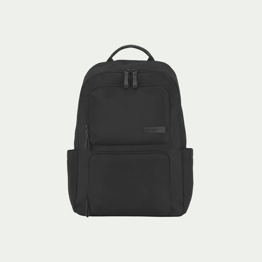 Front view of the Bugatti Madison black luxury 15.6 inch laptop backpack on a white background.
