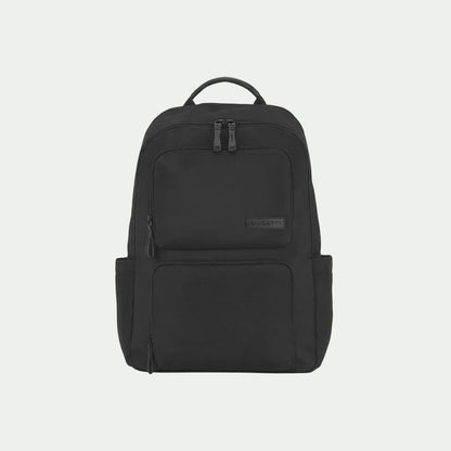 Front view of the Bugatti Madison black luxury 15.6 inch laptop backpack on a white background.