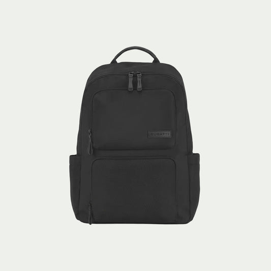 Front view of the Bugatti Madison black luxury 15.6 inch laptop backpack on a white background.