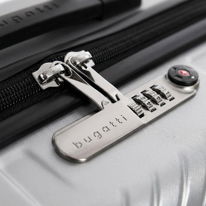 Macro detail of the silver Bugatti Oslo carry-on luggage showing the integrated TSA combination lock.