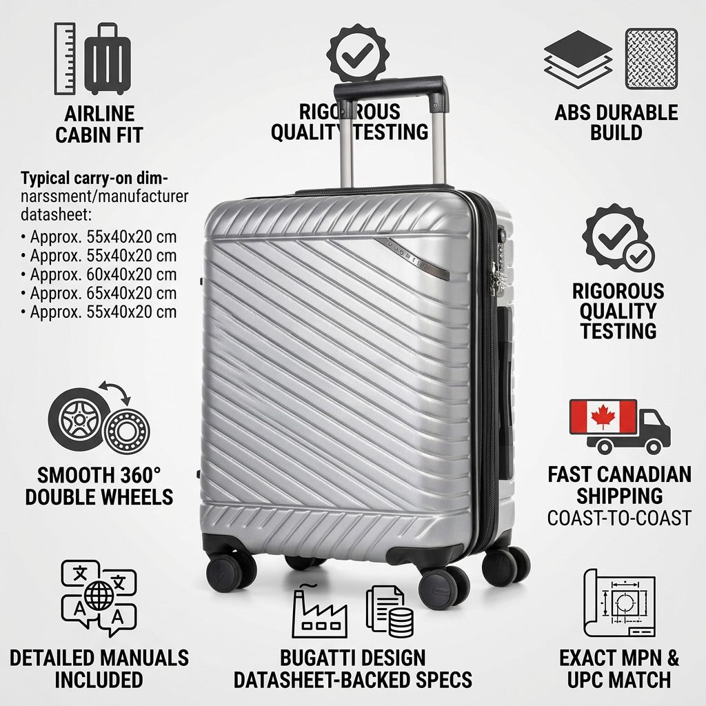 Infographic for Bugatti Oslo silver carry-on luggage highlighting its durable build, 360 wheels, and airline cabin fit.