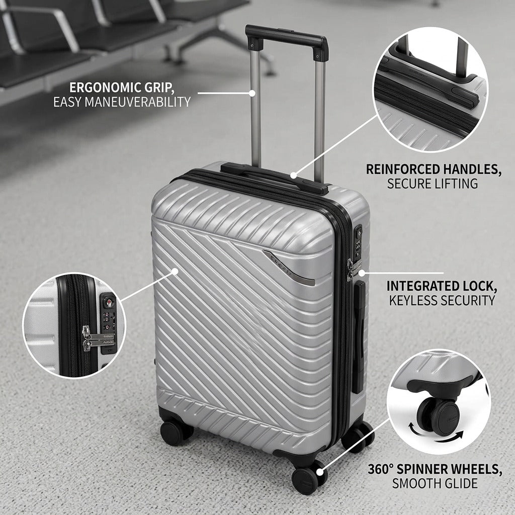 Feature graphic of the silver Bugatti Oslo carry-on showing the ergonomic grip and spinner wheels.