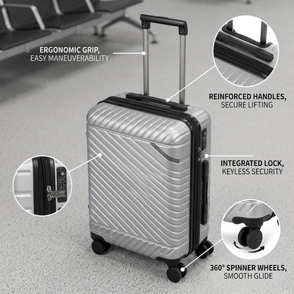 Feature graphic of the silver Bugatti Oslo carry-on showing the ergonomic grip and spinner wheels.