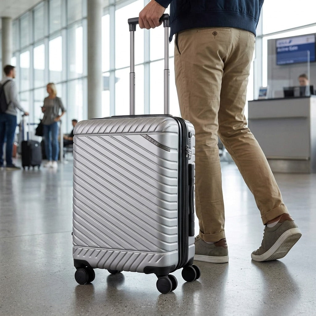 Silver Bugatti Oslo carry-on luggage being wheeled through a bright airport terminal.