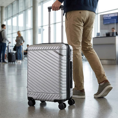 Silver Bugatti Oslo carry-on luggage being wheeled through a bright airport terminal.