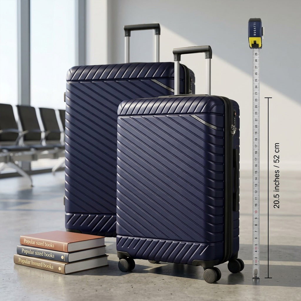 Bugatti Oslo navy carry-on suitcase shown beside books and a tape measure for size reference.