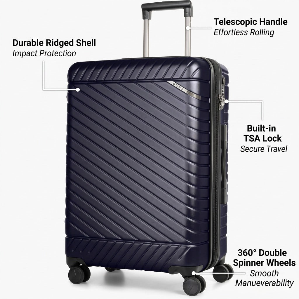 Navy Bugatti Oslo carry-on with callouts for its TSA lock, ridged shell, and 360-degree wheels.