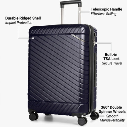 Navy Bugatti Oslo carry-on with callouts for its TSA lock, ridged shell, and 360-degree wheels.