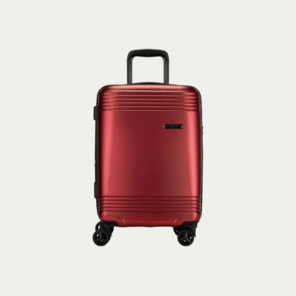 Red Bugatti Nashville carry-on luggage with textured shell, telescoping handle, and spinner wheels.