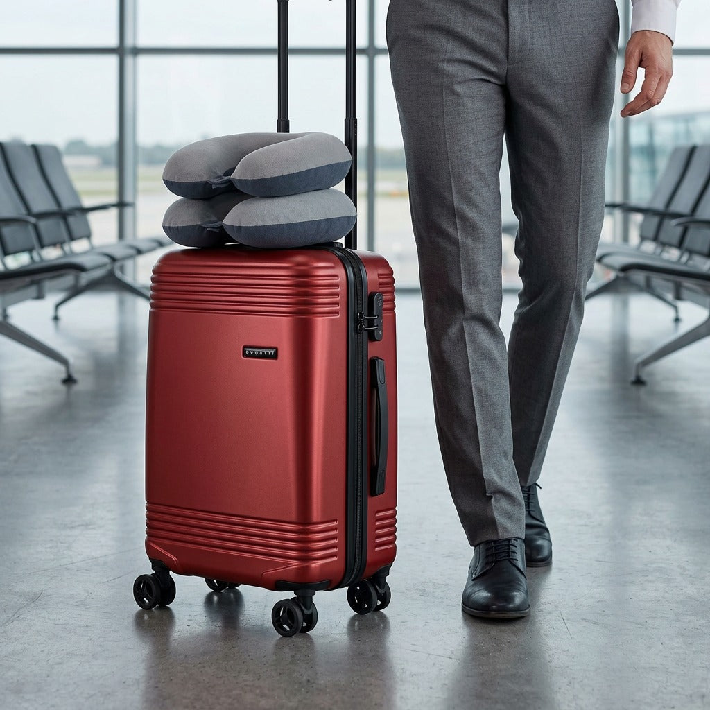 Red Bugatti Nashville carry-on luggage shown beside a person in an airport for scale reference.