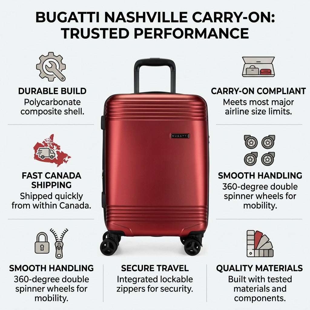 Red Bugatti Nashville carry-on luggage infographic highlighting durability, shipping, and wheels.