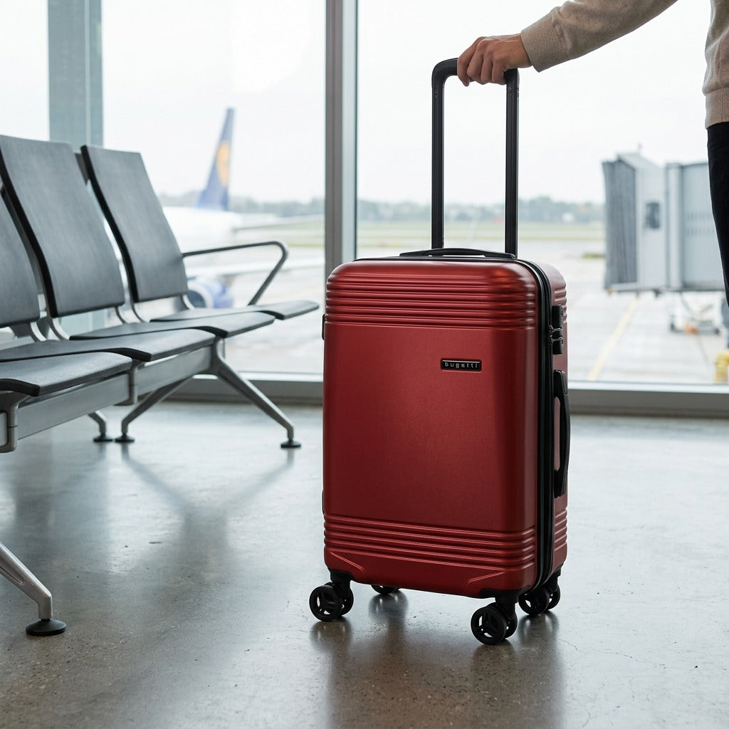 Red Bugatti Nashville carry-on luggage with spinner wheels held by its handle in an airport lounge.
