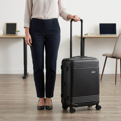 Black Bugatti Nashville 24-inch luggage shown next to a person for scale in an office setting.