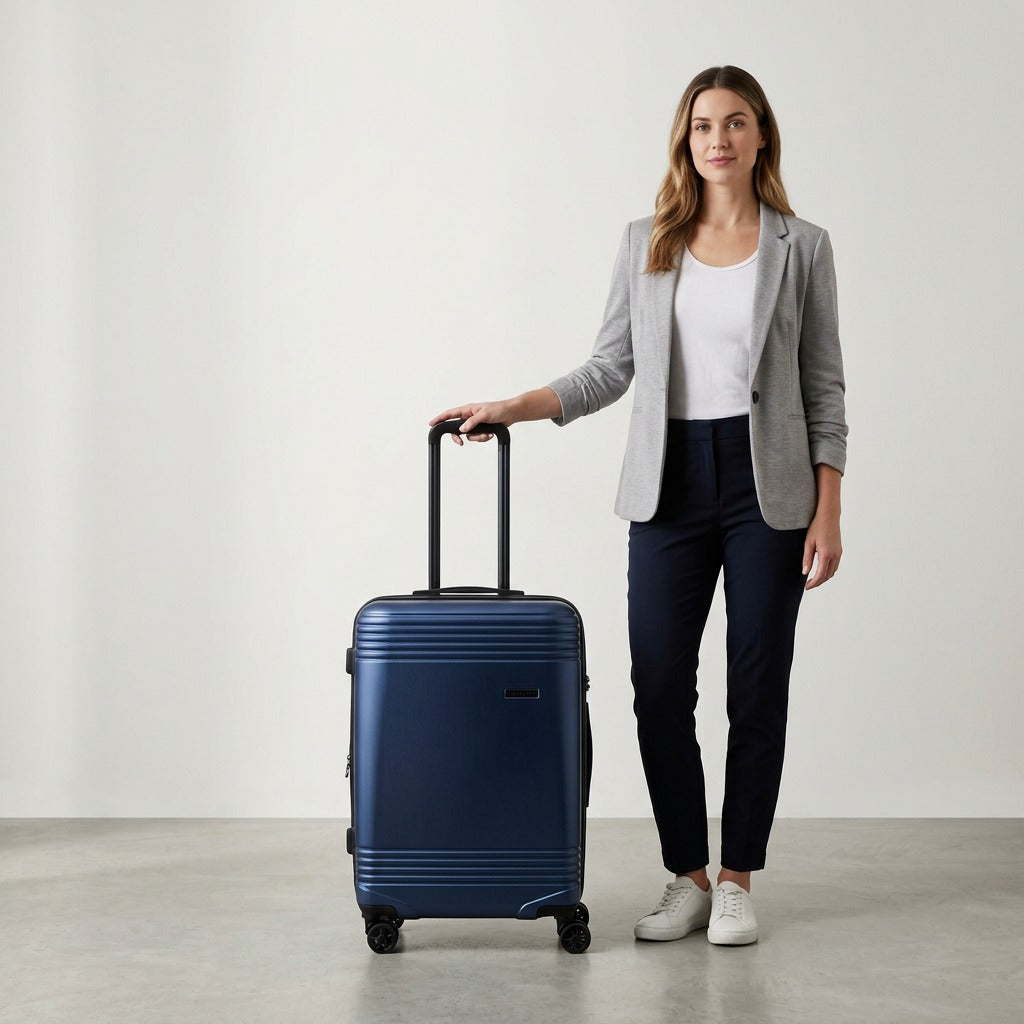 Navy Bugatti Nashville 24-inch hardshell spinner luggage shown next to a woman for scale.