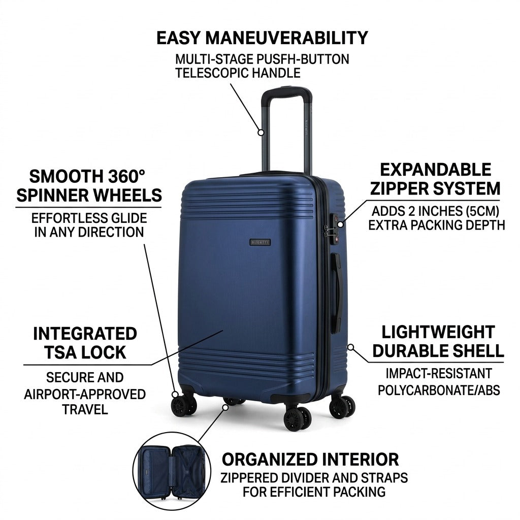 Navy Bugatti Nashville luggage graphic highlighting its TSA lock, spinner wheels, and expandable depth.