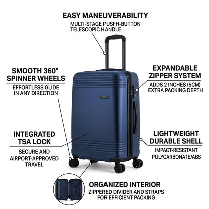 Navy Bugatti Nashville luggage graphic highlighting its TSA lock, spinner wheels, and expandable depth.