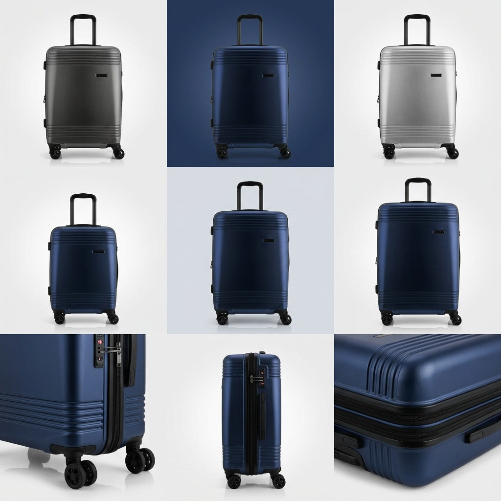 Bugatti Nashville 24-inch hardshell spinner luggage shown in a 3x3 grid of colors and angles.