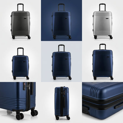 Bugatti Nashville 24-inch hardshell spinner luggage shown in a 3x3 grid of colors and angles.