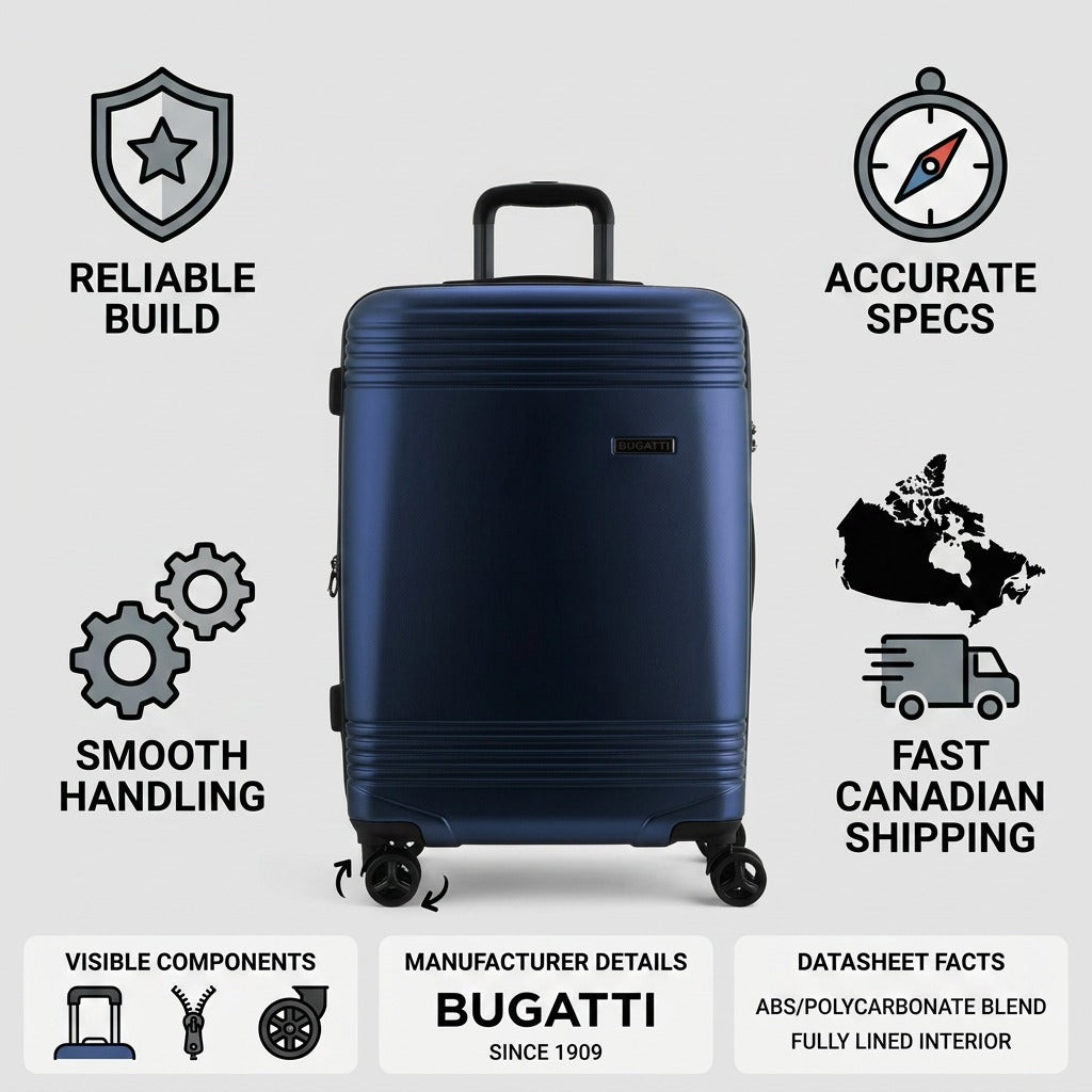 Bugatti Nashville 24-inch navy luggage infographic highlighting its reliable build and fast Canadian shipping.