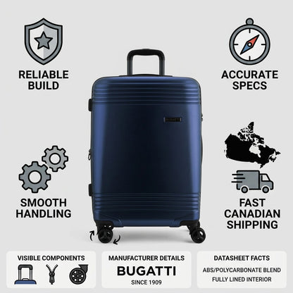 Bugatti Nashville 24-inch navy luggage infographic highlighting its reliable build and fast Canadian shipping.