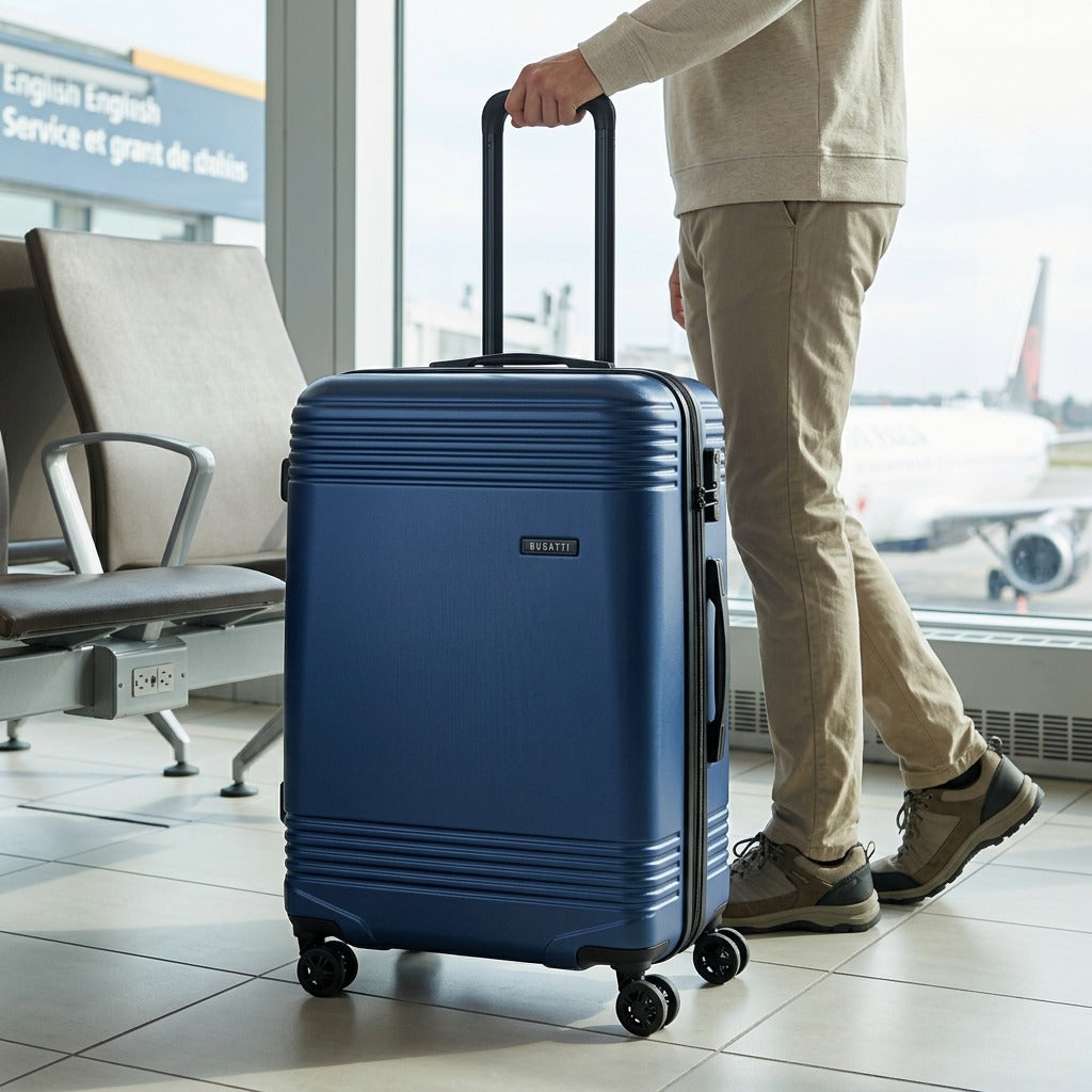 Person walking with a Bugatti Nashville 24-inch navy hardshell spinner suitcase in an airport terminal.