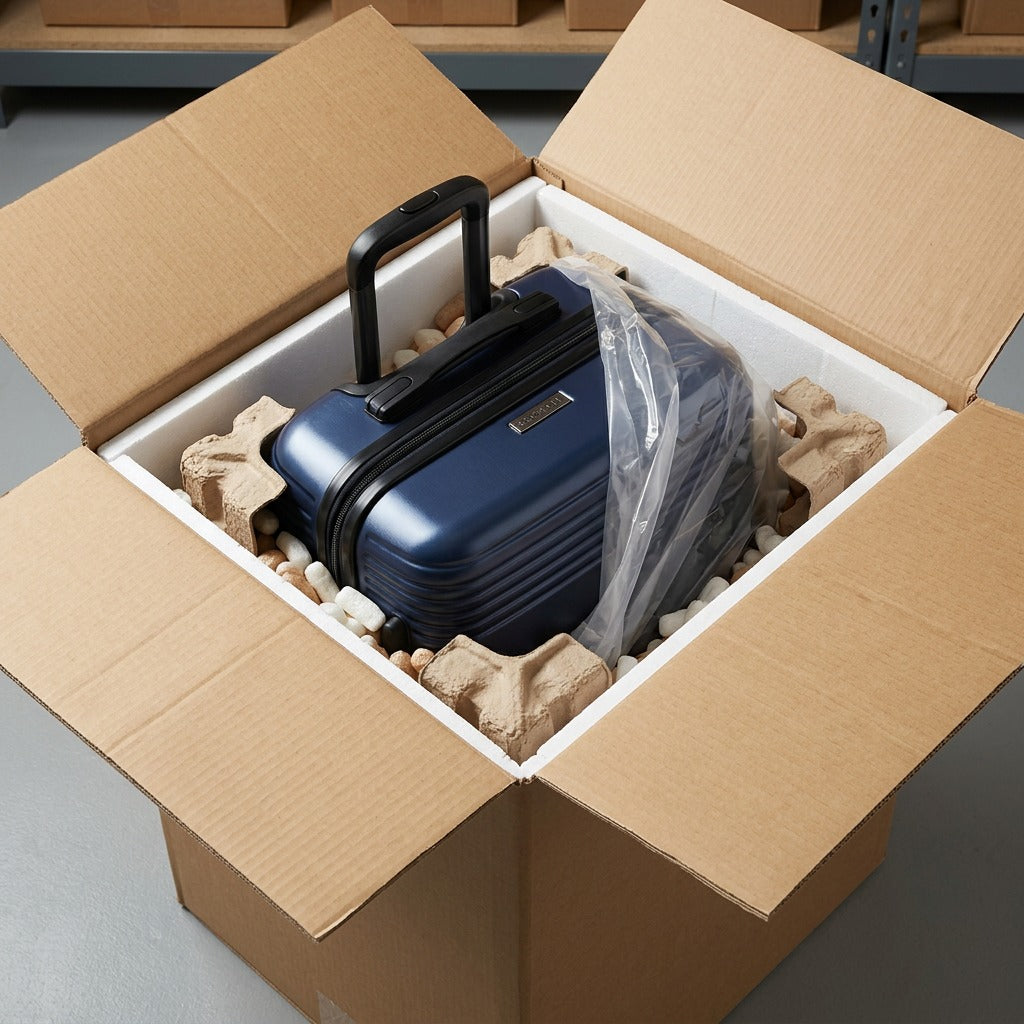Unboxing a navy Bugatti Nashville 24-inch luggage piece secured with protective shipping foam.