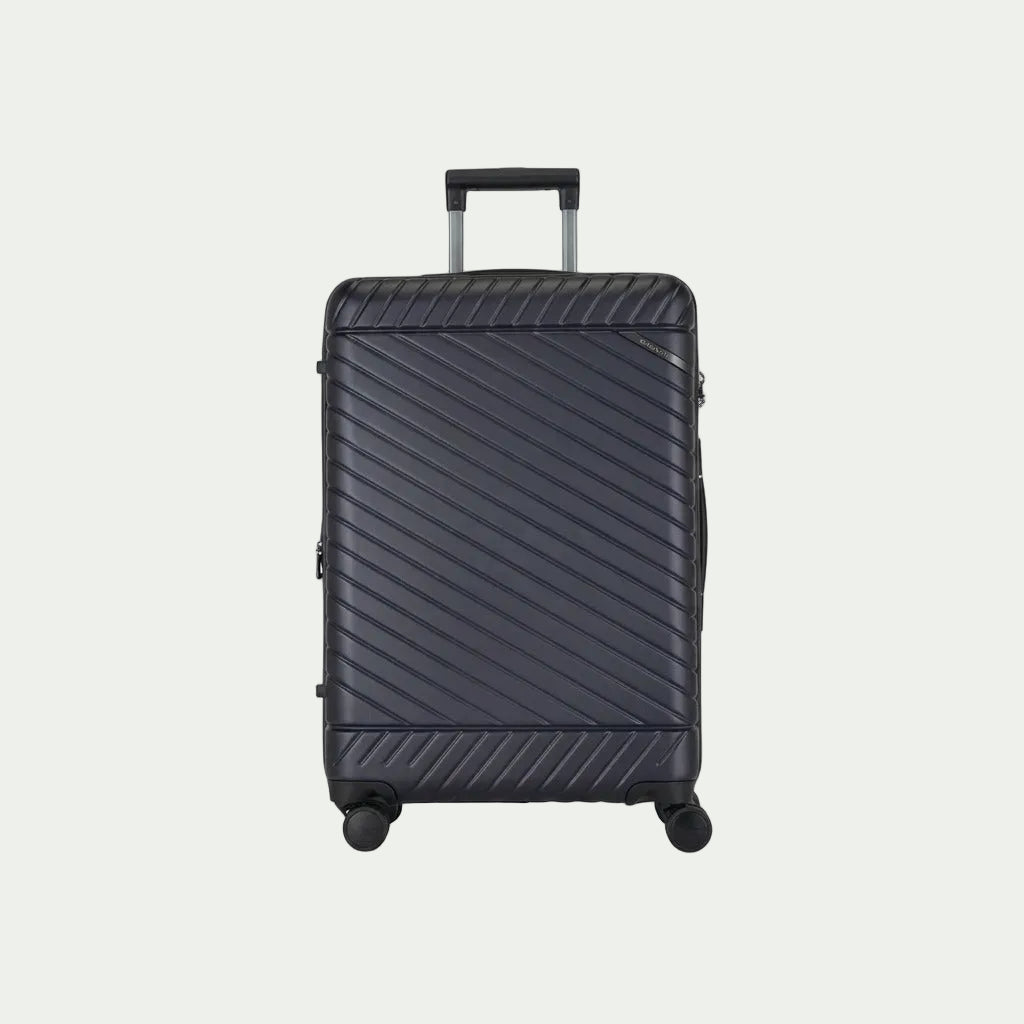 Bugatti Oslo 24-inch navy blue hardside spinner luggage with textured diagonal ridges and handle.