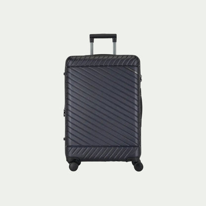 Bugatti Oslo 24-inch navy blue hardside spinner luggage with textured diagonal ridges and handle.