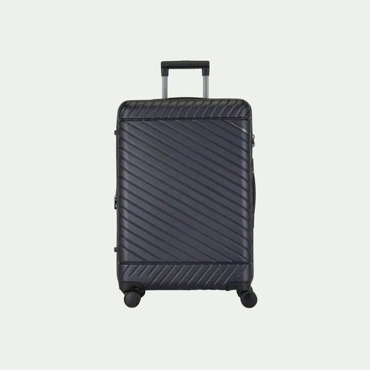 Bugatti Oslo 24-inch navy blue hardside spinner luggage with textured diagonal ridges and handle.