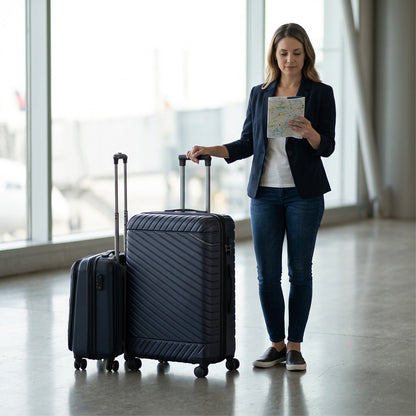 Woman standing with a Bugatti Oslo 24-inch navy blue medium spinner suitcase for scale reference.