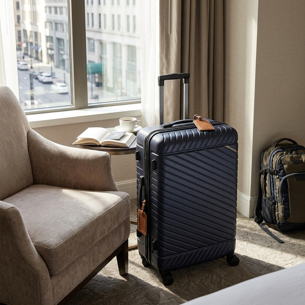 Navy blue Bugatti Oslo 24-inch hardshell spinner luggage in a bright hotel room by a window.