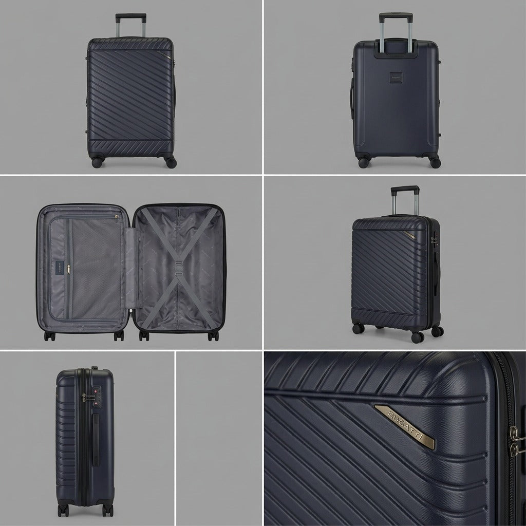 Bugatti Oslo 24-inch navy blue luggage matrix showing front, back, interior, and detail views.