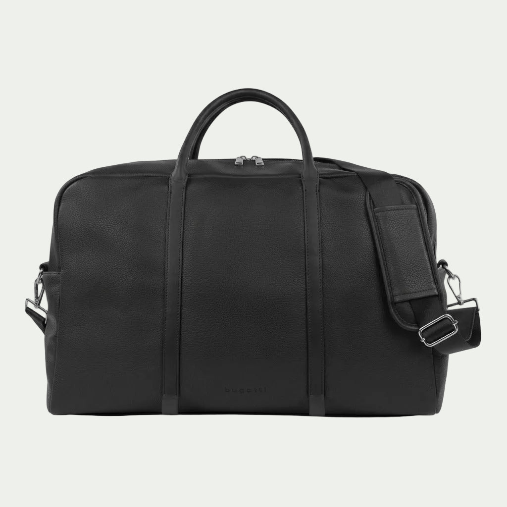 Bugatti Opera duffle bag in black textured vegan leather with top handles and shoulder strap.