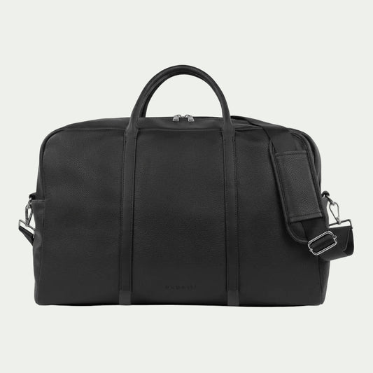 Bugatti Opera duffle bag in black textured vegan leather with top handles and shoulder strap.