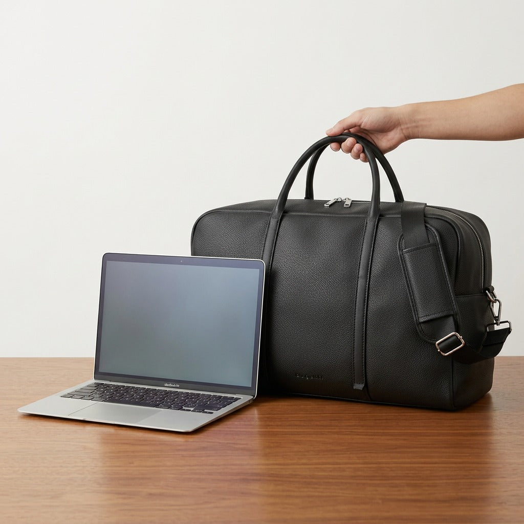 Black Bugatti Opera duffle bag shown next to a laptop for scale on a wooden desk.