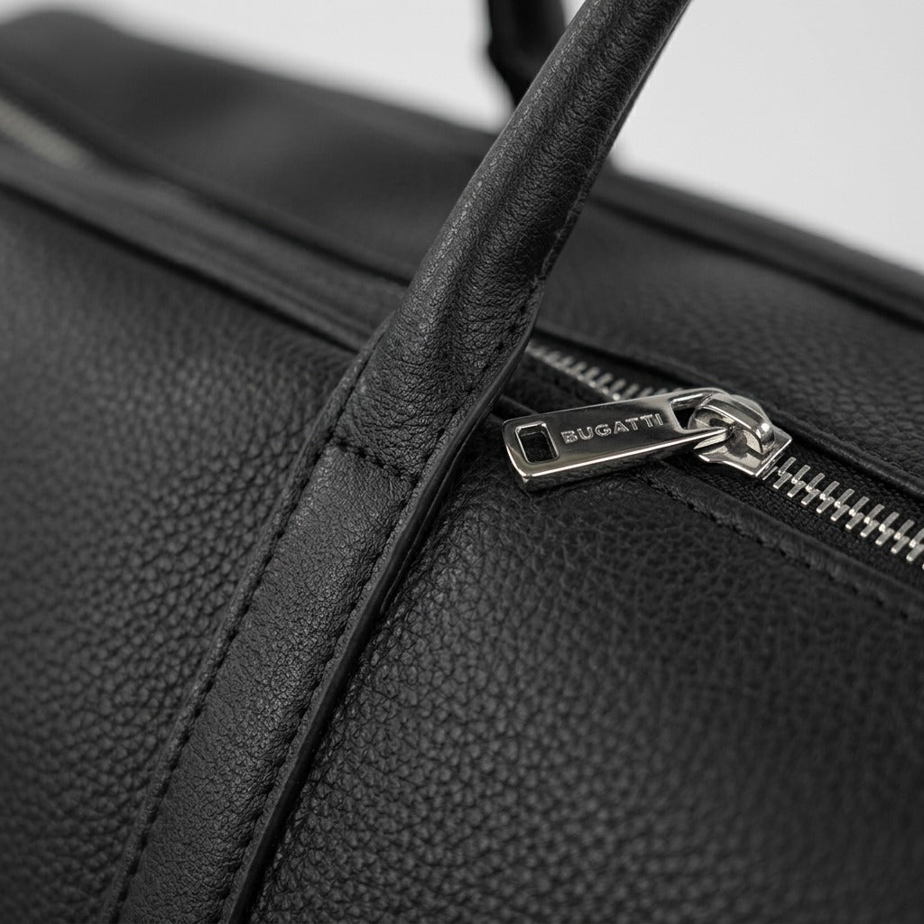 Macro view of the Bugatti Opera Duffle Bag showing textured vegan leather and a silver zipper pull.