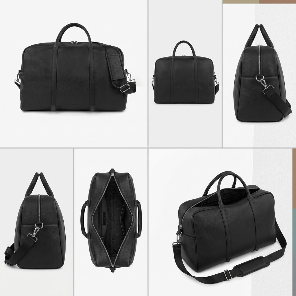 Matrix of the black Bugatti Opera duffle bag shown from front, side, angled, and top-open views.