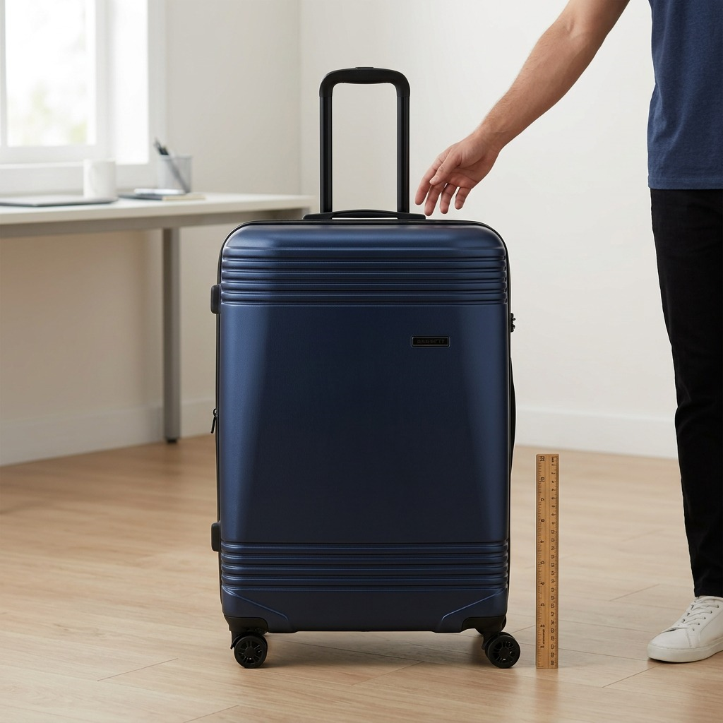 Bugatti Nashville 28-inch navy hardside luggage shown next to a person and ruler for scale.