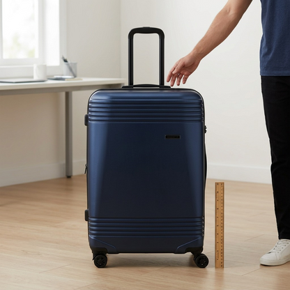 Bugatti Nashville 28-inch navy hardside luggage shown next to a person and ruler for scale.