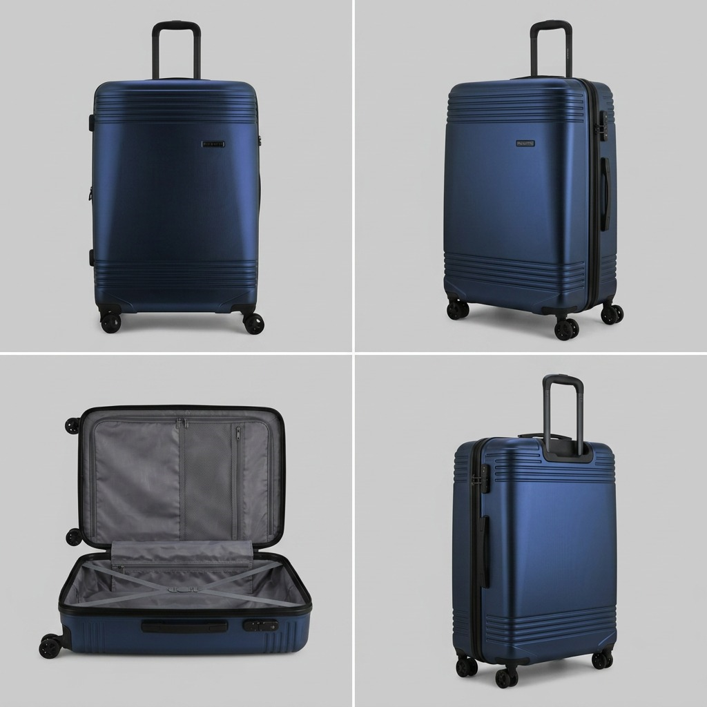 Four-view grid of the Bugatti Nashville 28-inch navy suitcase showing front, side, back, and open interior.