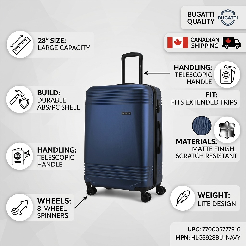 Infographic for Bugatti Nashville 28-inch navy luggage showing 8-wheel spinners and Canadian shipping.