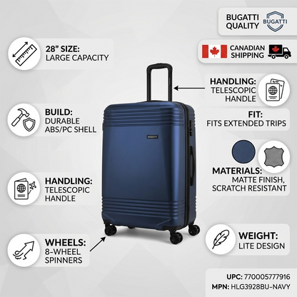 Infographic for Bugatti Nashville 28-inch navy luggage showing 8-wheel spinners and Canadian shipping.