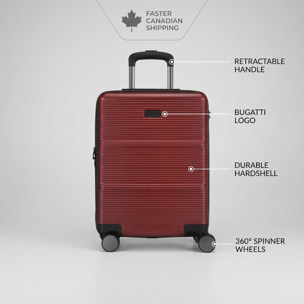 Deep red Bugatti Brussels hardside carry-on with callouts for handle, hardshell, and spinner wheels.