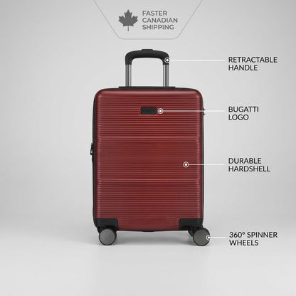 Deep red Bugatti Brussels hardside carry-on with callouts for handle, hardshell, and spinner wheels.