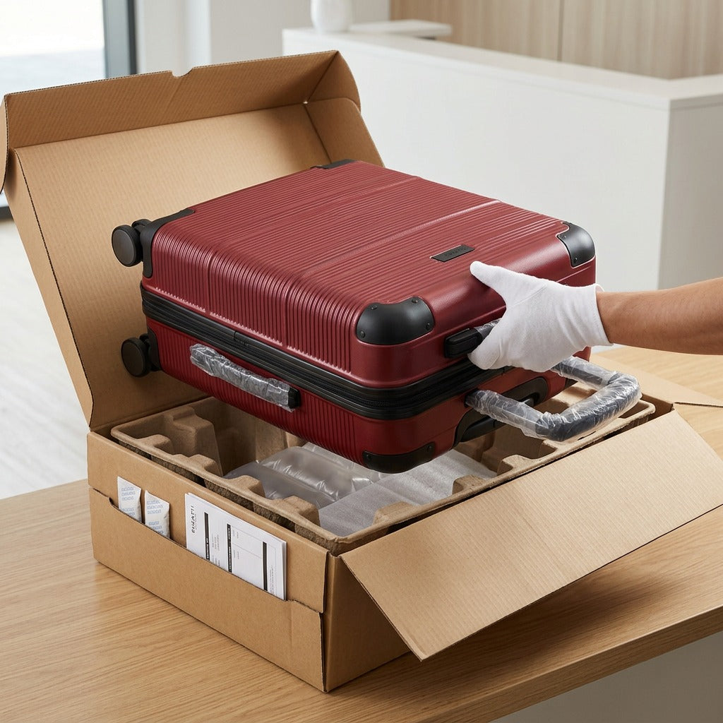 Deep red Bugatti Brussels hardside carry-on being unpacked from secure shipping box with padding.